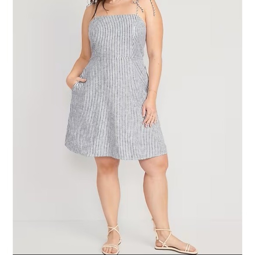 Old Navy Blue Stripe Linen Blend Tie Strap Fit & Flare Dress Large